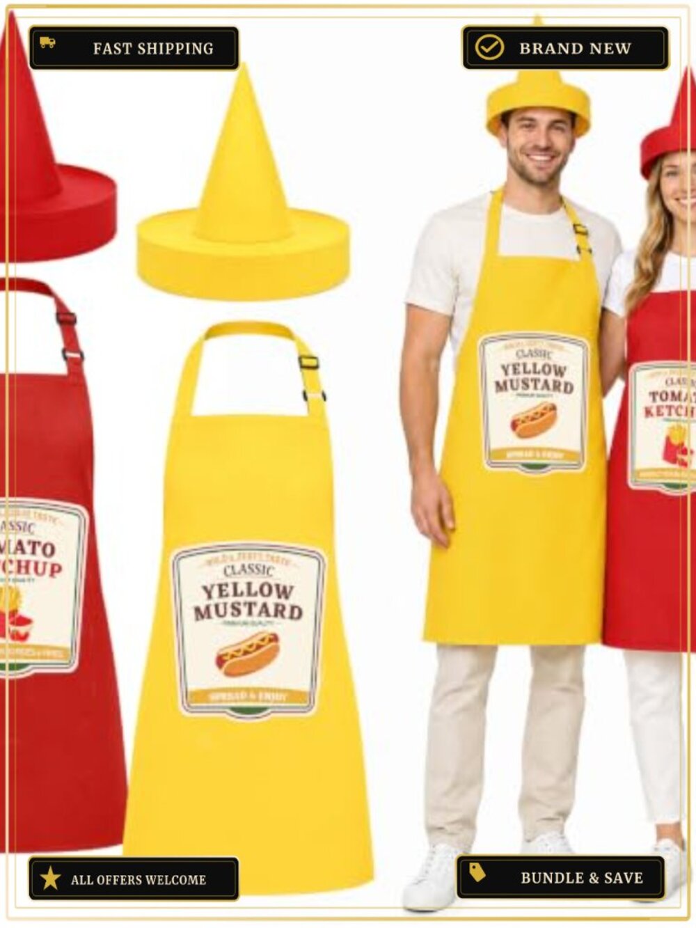 Adult Ketchup & Mustard Costume Set 4 Pcs Aprons Hats Halloween
